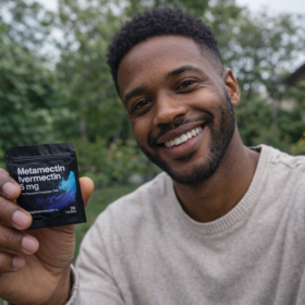 Man holding a Metamectin Ivermectin pack